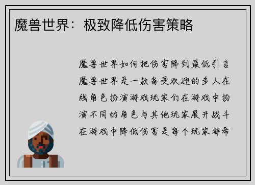 魔兽世界：极致降低伤害策略